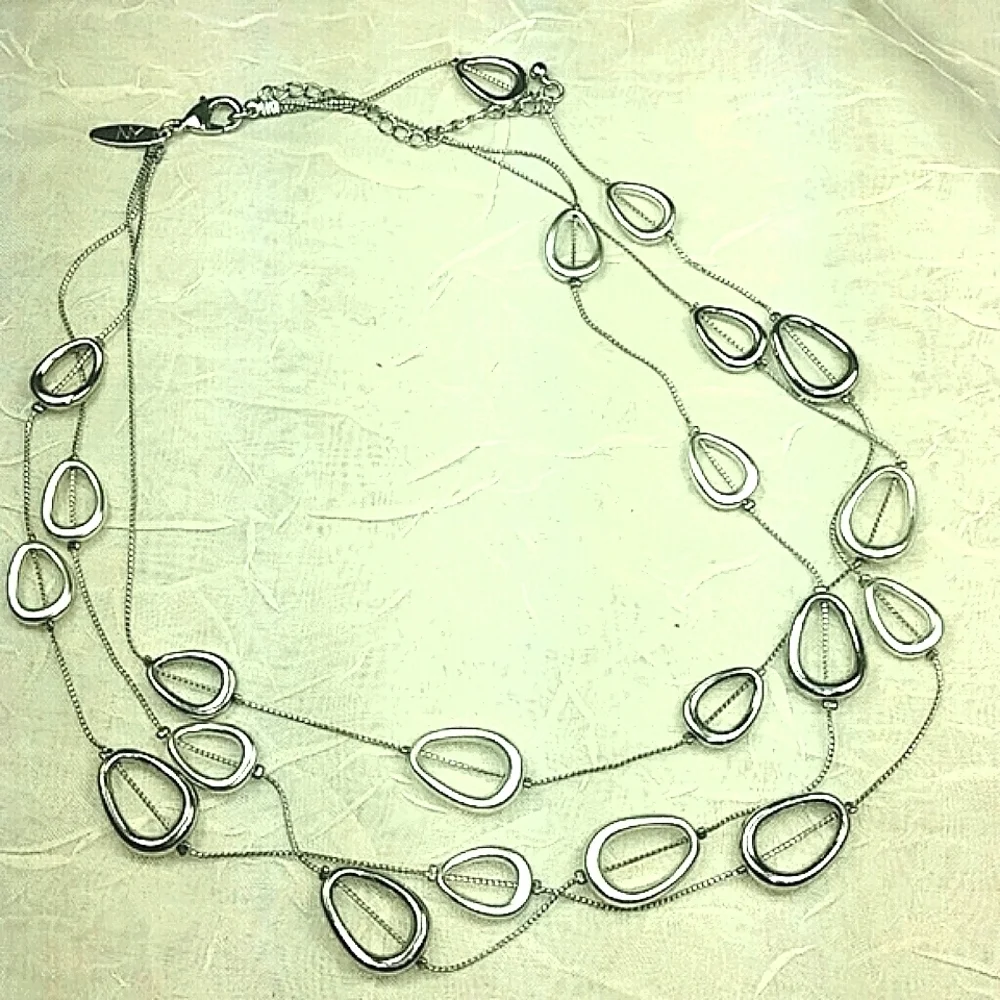 Trifari Necklace triple multi strand silver tone with random odd shaped oval